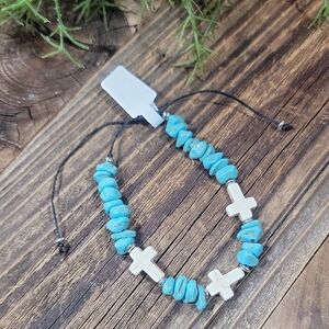 NWT Howlite Bead & Gem Stone Cross Bracelet